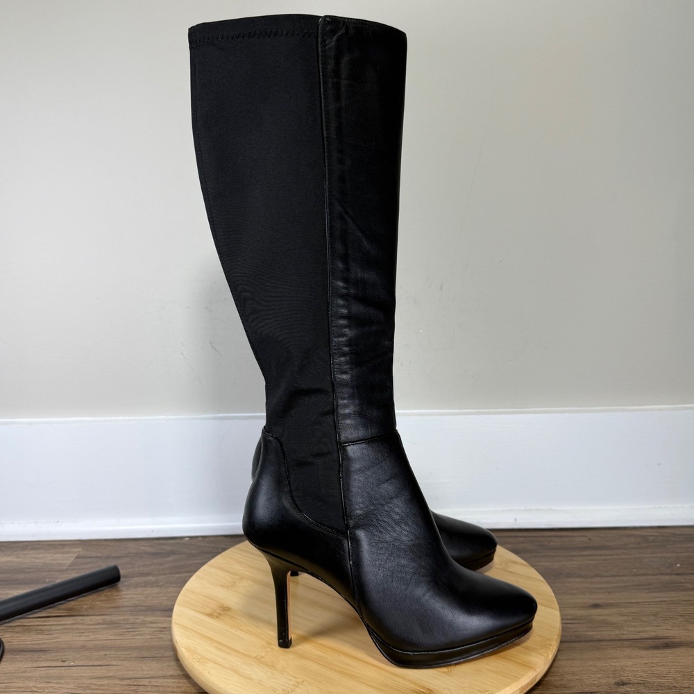 White House Black Market Black Leather Stretch Knee High Stiletto Boots Womens 8